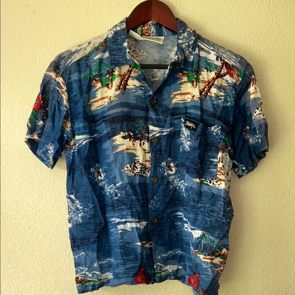 JIMMY Z Vintage Blue Hawaiian Print Boy’s Aloha Shirt, Sz L